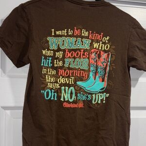 Country cowgirl tshirt Brown Graphic Tee with Colorful Boot Design